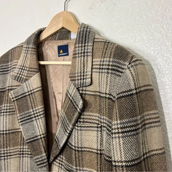 90’s Vintage Liz Claiborne Plaid Structured Wool Blend Blazer Tan Brown Size 12 - Picture 5 of 12